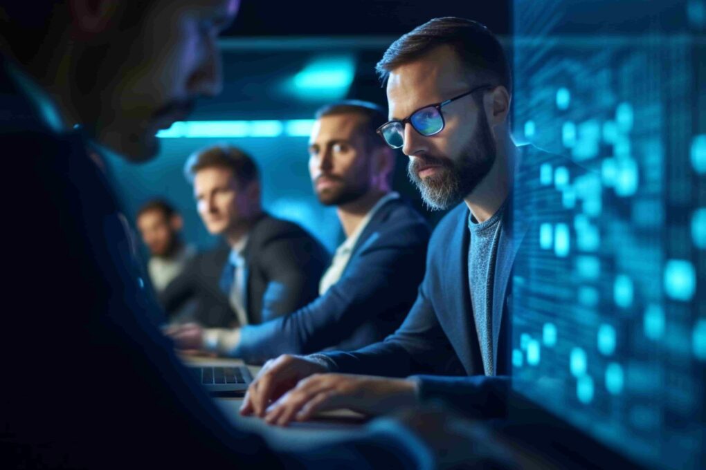blue-lit tech workspace where several IT professionals are seated in a row