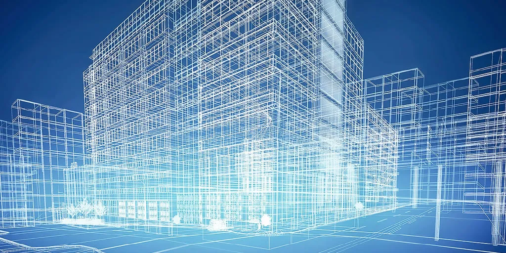 engineering concept image - wireframe model of large building